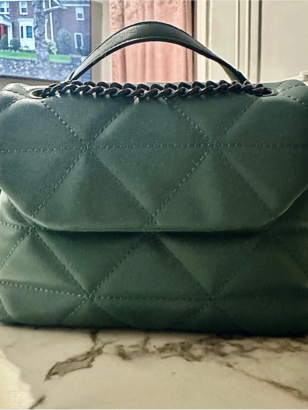 Quilted Vegan Leather Crossbody Bag in Aqua Blue with black Chain Strap